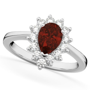 Halo Garnet and Diamond Floral Pear Shaped Fashion Ring 14k White Gold 1.42ct - All