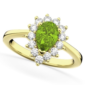 Halo Peridot and Diamond Floral Pear Shaped Fashion Ring 14k Yellow Gold 1.12ct - All