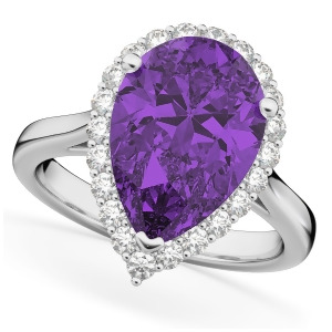 Pear Cut Halo Amethyst and Diamond Engagement Ring 14K White Gold 5.44ct - All