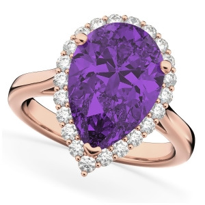 Pear Cut Halo Amethyst and Diamond Engagement Ring 14K Rose Gold 5.44ct - All