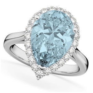 Pear Cut Halo Aquamarine and Diamond Engagement Ring 14K White Gold 6.04ct - All