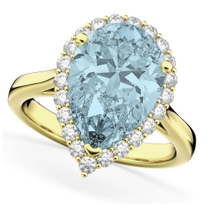 Pear Cut Halo Aquamarine and Diamond Engagement Ring 14K Yellow Gold 6.04ct - All