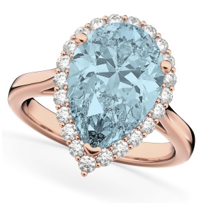 Pear Cut Halo Aquamarine and Diamond Engagement Ring 14K Rose Gold 6.04ct - All