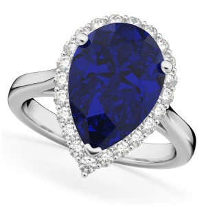 Pear Cut Halo Blue Sapphire and Diamond Engagement Ring 14K White Gold 8.34ct - All