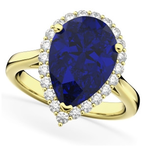 Pear Cut Halo Blue Sapphire and Diamond Engagement Ring 14K Yellow Gold 8.34ct - All