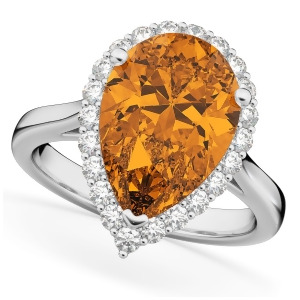 Pear Cut Halo Citrine and Diamond Engagement Ring 14K White Gold 5.44ct - All
