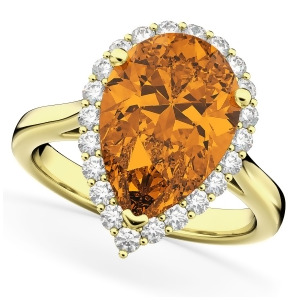Pear Cut Halo Citrine and Diamond Engagement Ring 14K Yellow Gold 5.44ct - All