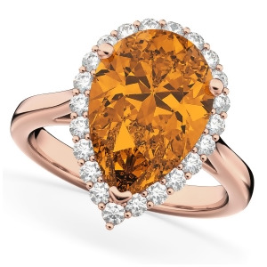Pear Cut Halo Citrine and Diamond Engagement Ring 14K Rose Gold 5.44ct - All