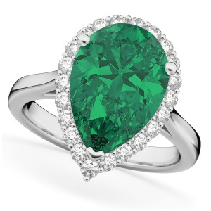 Pear Cut Halo Emerald and Diamond Engagement Ring 14K White Gold 6.54ct - All