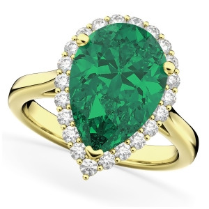 Pear Cut Halo Emerald and Diamond Engagement Ring 14K Yellow Gold 6.54ct - All