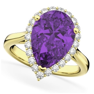 Pear Cut Halo Amethyst and Diamond Engagement Ring 14K Yellow Gold 5.44ct - All
