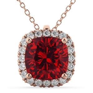 Halo Ruby Cushion Cut Pendant Necklace 14k Rose Gold 2.02ct - All