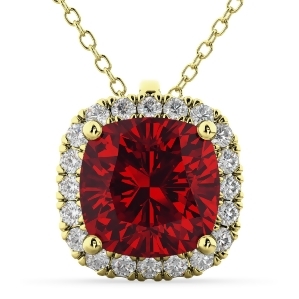 Halo Ruby Cushion Cut Pendant Necklace 14k Yellow Gold 2.02ct - All
