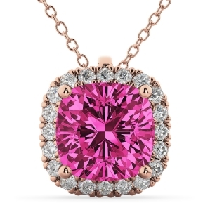 Halo Pink Tourmaline Cushion Cut Pendant Necklace 14k Rose Gold 2.02ct - All