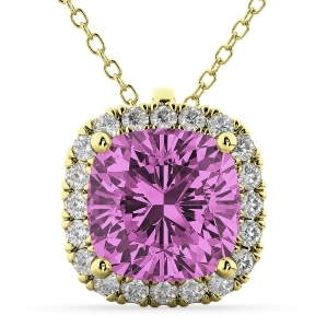 Halo Pink Sapphire Cushion Cut Pendant Necklace 14k Yellow Gold 2.02ct - All