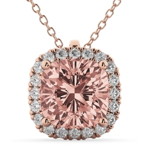 Halo Morganite Cushion Cut Pendant Necklace 14k Rose Gold 2.02ct - All