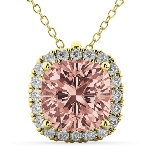 Halo Morganite Cushion Cut Pendant Necklace 14k Yellow Gold 2.02ct - All