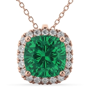 Halo Emerald Cushion Cut Pendant Necklace 14k Rose Gold 2.02ct - All