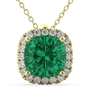 Halo Emerald Cushion Cut Pendant Necklace 14k Yellow Gold 2.02ct - All