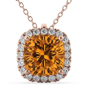Halo Citrine Cushion Cut Pendant Necklace 14k Rose Gold 2.02ct - All