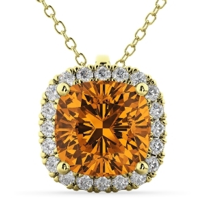 Halo Citrine Cushion Cut Pendant Necklace 14k Yellow Gold 2.02ct - All