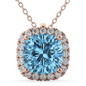 Halo Blue Topaz Cushion Cut Pendant Necklace 14k Rose Gold 2.02ct - All