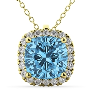 Halo Blue Topaz Cushion Cut Pendant Necklace 14k Yellow Gold 2.02ct - All