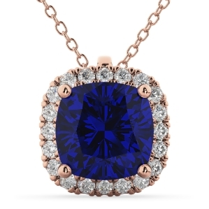 Halo Blue Sapphire Cushion Cut Pendant Necklace 14k Rose Gold 2.02ct - All