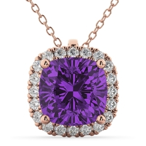 Halo Amethyst Cushion Cut Pendant Necklace 14k Rose Gold 2.02ct - All