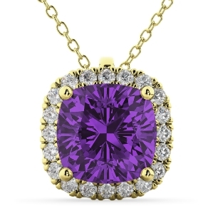 Halo Amethyst Cushion Cut Pendant Necklace 14k Yellow Gold 2.02ct - All