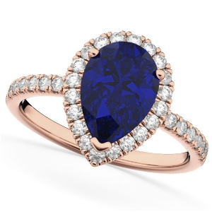 Pear Cut Halo Blue Sapphire and Diamond Engagement Ring 14K Rose Gold 3.01ct - All