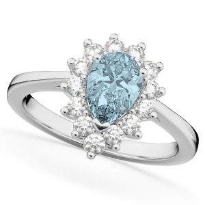Halo Aquamarine and Diamond Floral Pear Shaped Fashion Ring 14k White Gold 1.07ct - All