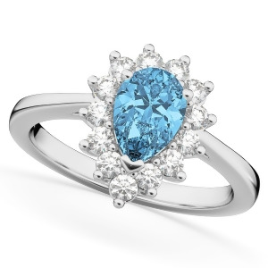 Halo Blue Topaz and Diamond Floral Pear Shaped Fashion Ring 14k White Gold 1.42ct - All