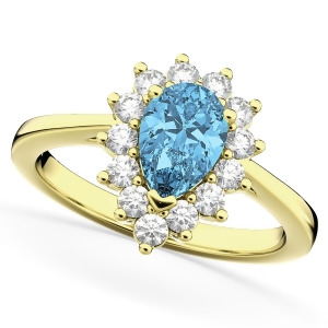 Halo Blue Topaz and Diamond Floral Pear Shaped Fashion Ring 14k Yellow Gold 1.42ct - All