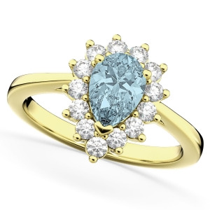 Halo Aquamarine and Diamond Floral Pear Shaped Fashion Ring 14k Yellow Gold 1.07ct - All