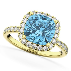 Cushion Cut Halo Blue Topaz and Diamond Engagement Ring 14k Yellow Gold 3.11ct - All