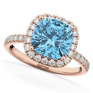 Cushion Cut Halo Blue Topaz and Diamond Engagement Ring 14k Rose Gold 3.11ct - All