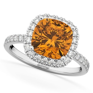 Cushion Cut Halo Citrine and Diamond Engagement Ring 14k White Gold 3.11ct - All