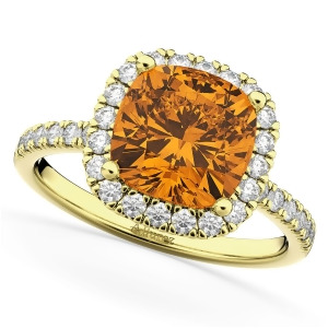 Cushion Cut Halo Citrine and Diamond Engagement Ring 14k Yellow Gold 3.11ct - All
