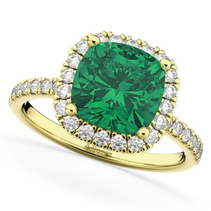 Cushion Cut Halo Emerald and Diamond Engagement Ring 14k Yellow Gold 3.11ct - All