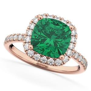 Cushion Cut Halo Emerald and Diamond Engagement Ring 14k Rose Gold 3.11ct - All