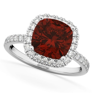 Cushion Cut Halo Garnet and Diamond Engagement Ring 14k White Gold 3.11ct - All
