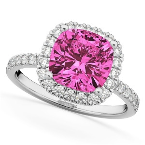 Cushion Cut Halo Pink Tourmaline and Diamond Engagement Ring 14k White Gold 3.11ct - All
