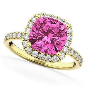 Cushion Cut Halo Pink Tourmaline and Diamond Engagement Ring 14k Yellow Gold 3.11ct - All