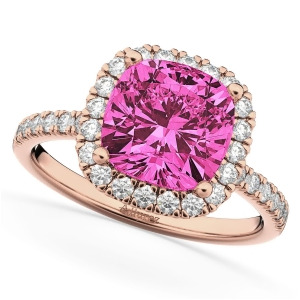 Cushion Cut Halo Pink Tourmaline and Diamond Engagement Ring 14k Rose Gold 3.11ct - All