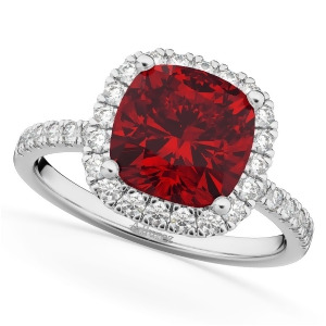 Cushion Cut Halo Ruby and Diamond Engagement Ring 14k White Gold 3.11ct - All