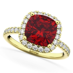 Cushion Cut Halo Ruby and Diamond Engagement Ring 14k Yellow Gold 3.11ct - All