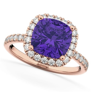 Cushion Cut Halo Tanzanite and Diamond Engagement Ring 14k Rose Gold 3.11ct - All