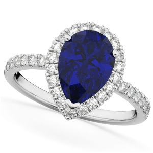 Pear Cut Halo Blue Sapphire and Diamond Engagement Ring 14K White Gold 3.01ct - All