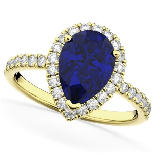 Pear Cut Halo Blue Sapphire and Diamond Engagement Ring 14K Yellow Gold 3.01ct - All